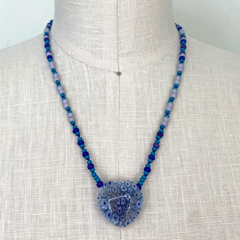 Italian Millefiori Blue Heart Necklace 19” Nautical Hand-Blown Glass Beachy